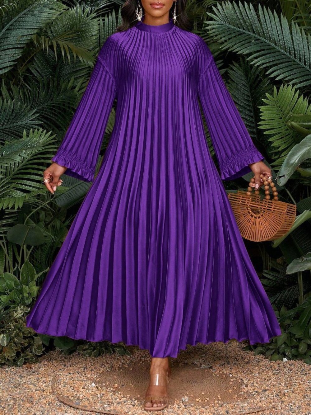 Purple Modest Women's Plus Size Tropical Stand Collar Maxi Dress